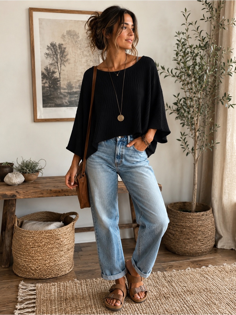 Free People Oversized Ribbed Knit Boho Sweater Slouchy Wide Sleeve Pullover